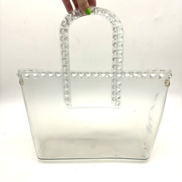 Vintage 00s Y2K Clear PVC Jelly Double Handle Pyramid Studded Purse 13x8" - Picture 4 of 12